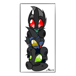 Size: 586x586 | Tagged: safe, artist:srmario, oc, oc only, oc:reinflak, changeling, changeling oc, golden eyes, green changeling, green eyes, laughing, red changeling, red eyes, simple background, traffic light, white background, yellow changeling