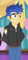 Size: 512x1077 | Tagged: safe, screencap, flash sentry, fluttershy, best in show: the pre-show, better together, equestria girls, arm behind back, clothes, cropped, hoodie, male, offscreen character, pants