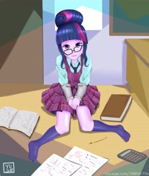 Size: 3861x4550 | Tagged: safe, artist:minusclass, derpibooru import, sci-twi, twilight sparkle, equestria girls, friendship games, book, calculator, clothes, glasses, missing shoes, school uniform, socks, solo