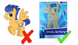 Size: 1242x720 | Tagged: safe, flash sentry, pegasus, pony, blind bag card, check mark, cross, male, mane swap, stallion