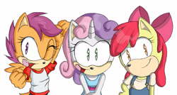 Size: 5297x2845 | Tagged: dead source, safe, artist:atomiclance, apple bloom, scootaloo, sweetie belle, anthro, cutie mark crusaders, simple background, sonic the hedgehog (series), sonicified, style emulation, white background