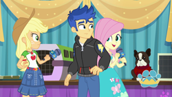 Size: 1920x1080 | Tagged: safe, screencap, applejack, flash sentry, fluttershy, best in show: the pre-show, better together, equestria girls, best in show logo, clothes, denim skirt, geode of empathy, geode of fauna, hoodie, magical geodes, male, microphone, pants, skirt