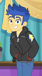 Size: 565x1016 | Tagged: safe, screencap, flash sentry, best in show: the pre-show, better together, equestria girls, banana (dog), clothes, cropped, cute, diasentres, hands in pockets, hoodie, looking at you, male, offscreen character, pants, smiling