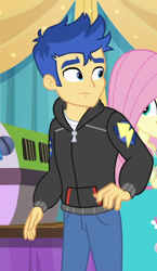 Size: 626x1077 | Tagged: safe, screencap, flash sentry, fluttershy, best in show: the pre-show, better together, equestria girls, clothes, cutie mark on clothes, female, hoodie, male, offscreen character, pants