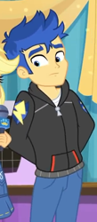 Size: 312x716 | Tagged: safe, screencap, applejack, flash sentry, best in show: the pre-show, better together, equestria girls, arm behind back, clothes, cropped, hoodie, male, offscreen character, pants