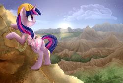 Size: 2087x1401 | Tagged: safe, artist:segraece, derpibooru import, twilight sparkle, twilight sparkle (alicorn), alicorn, pony, crepuscular rays, dawn, female, hard hat, hat, mare, mountain, mountaineering, solo, sunrise