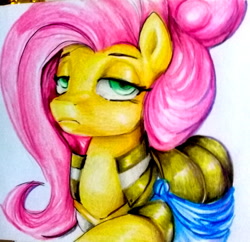 Size: 2341x2264 | Tagged: safe, artist:nolyanimeid, fluttershy, pegasus, pony, fake it 'til you make it, clothes, female, hair bun, mare, severeshy, traditional art