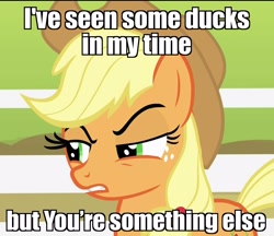 Size: 1250x1080 | Tagged: safe, edit, edited screencap, screencap, applejack, earth pony, pony, bats!, disgusted, face, image macro, meme, op is a duck (reaction image), reaction image, solo, unamused