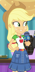 Size: 494x1006 | Tagged: safe, screencap, applejack, flash sentry, best in show: the pre-show, better together, equestria girls, applejack's hat, belt, clothes, cowboy hat, cropped, cute, denim skirt, female, freckles, geode of super strength, hat, magical geodes, microphone, offscreen character, skirt, smiling, stetson