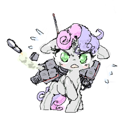 Size: 287x292 | Tagged: safe, artist:toki, sweetie belle, sweetie bot, pony, robot, unicorn, female, filly, floppy ears, foal, hooves, horn, missile, open mouth, pixel art, rocket launcher, simple background, solo, weapon, white background