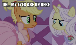 Size: 849x500 | Tagged: safe, edit, edited screencap, screencap, applejack, lily lace, earth pony, pony, unicorn, honest apple, alternate hairstyle, clothes, dress, female, image macro, mare, meme, my eyes are up here