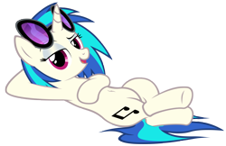 Size: 4087x2652 | Tagged: safe, artist:mrlolcats17, dj pon-3, vinyl scratch, pony, unicorn, bedroom eyes, belly button, cutie mark, female, hooves, horn, lying down, mare, open mouth, simple background, solo, sunglasses, transparent background, vector