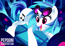 Size: 1036x732 | Tagged: safe, artist:pepooni, dj pon-3, vinyl scratch, pony, unicorn, cute, cutie mark, dance floor, female, hooves, horn, mare, open mouth, record, solo, sunglasses, text, vinylbetes