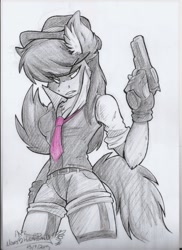 Size: 1700x2338 | Tagged: safe, artist:mimy92sonadow, octavia melody, anthro, badass, clothes, gangster, gun, no trigger discipline, pistol, solo, traditional art