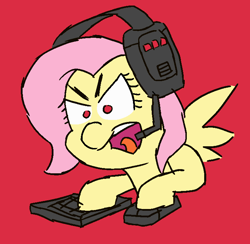 Size: 720x704 | Tagged: safe, artist:threetwotwo32232, fluttershy, pegasus, pony, 30 minute art challenge, bust, computer mouse, female, flutterrage, gamershy, headphones, keyboard, mare, rage, red background, simple background, solo