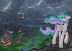 Size: 3496x2480 | Tagged: safe, artist:moon-wing, princess celestia, alicorn, pony, crying, female, fire, looking back, mare, missing accessory, rain, redraw, remake, solo