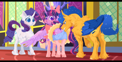 Size: 1802x919 | Tagged: safe, artist:rossignolet, flash sentry, rarity, twilight sparkle, twilight sparkle (alicorn), alicorn, pony, unicorn, blushing, bow, boxers, chest fluff, clothes, curved horn, dress, embarrassed, embarrassed underwear exposure, featureless crotch, female, flashlight, floppy ears, fluffy, hair bow, horn, male, mouth hold, scar, shipping, skirt, skirt lift, socks, story included, straight, two toned wings, underwear, upskirt, wardrobe malfunction