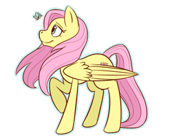 Size: 900x720 | Tagged: safe, artist:kiramera, fluttershy, butterfly, pegasus, pony, female, looking at something, looking up, mare, outline, profile, raised hoof, simple background, solo, transparent background, windswept mane, wings