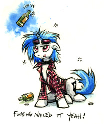 Size: 578x690 | Tagged: safe, artist:kenket, dj pon-3, vinyl scratch, pony, unicorn, beer, bottle, clothes, licking lips, magic, solo, vulgar