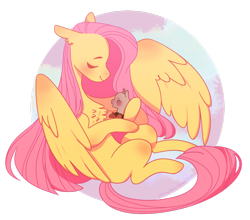 Size: 1024x903 | Tagged: safe, artist:johnathan-leviathan, fluttershy, oc, oc:soothing breeze, hybrid, pegasus, pony, chest fluff, cute, duo, ear fluff, eyes closed, female, fluttermom, hoof hold, interspecies offspring, mama fluttershy, mare, missing cutie mark, motherly, ocbetes, offspring, parent:discord, parent:fluttershy, parents:discoshy, shyabetes, simple background, smiling, spread wings, story included, transparent background, wings