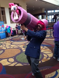 Size: 1200x1600 | Tagged: safe, artist:algedor, pinkie pie, human, 2014, babscon, clothes, cosplay, costume, general flash, irl, irl human, photo, pinkie launcher, plushie, pony cannonball, rocket launcher, solo, solo focus