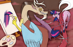 Size: 1280x829 | Tagged: safe, artist:probablyfakeblonde, derpibooru import, discord, twilight sparkle, unicorn twilight, classical unicorn, draconequus, pony, unicorn, annoyed, duo, easel, female, grin, gritted teeth, leonine tail, male, mare, paint, paintbrush, painting, palette, scissors, tail hold