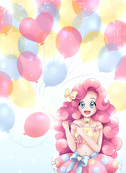 Size: 3337x4547 | Tagged: safe, artist:autumn rush, pinkie pie, human, anime, balloon, belly button, bow, bright, clothes, cute, diapinkes, element of laughter, hair bow, heart balloon, humanized, looking at you, midriff, moe, off shoulder, open mouth, ponk, shiny, simple background, skirt, smiling, solo, white background