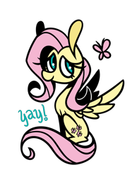 Size: 1174x1515 | Tagged: safe, artist:liarlofi, fluttershy, butterfly, pegasus, pony, female, looking at you, looking sideways, mare, simple background, sitting, smiling, solo, spread wings, transparent background, wings, yay