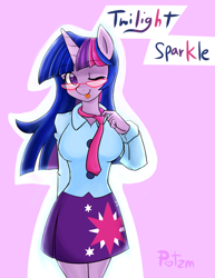 Size: 1280x1661 | Tagged: safe, artist:potzm, derpibooru import, twilight sparkle, anthro, equestria girls outfit, glasses, necktie, solo