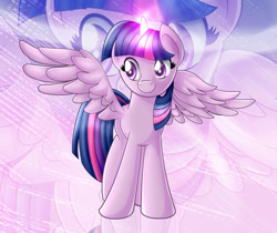 Size: 900x755 | Tagged: safe, artist:ikuvaito, derpibooru import, twilight sparkle, twilight sparkle (alicorn), alicorn, pony, female, glowing horn, mare, smiling, solo, spread wings, wings, zoom layer