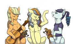 Size: 1148x695 | Tagged: safe, artist:anonymous-potayto, applejack, coloratura, oc, oc:sunrise mcintosh, oc:susie, oc:tumble, dog, earth pony, pony, female, guitar, lesbian, magical lesbian spawn, mare, non-pony oc, offspring, parent:applejack, parent:coloratura, parent:winona, parents:rarajack, rarajack, shipping