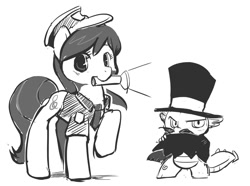 Size: 850x632 | Tagged: safe, artist:ende26, octavia melody, spike, dragon, earth pony, pony, cape, clothes, flashlight (object), hat, monochrome, moustache, mouth hold, raised hoof, security guard, spikely whiplash, top hat