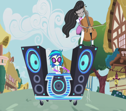 Size: 1024x910 | Tagged: dead source, safe, artist:angelitus01, dj pon-3, octavia melody, vinyl scratch, equestria girls, slice of life (episode), blouse, bowtie, clothes, cute, equestria girls interpretation, female, glasses, headphones, octavsass, ponyville, scene interpretation, shoes, skirt, socks, sunglasses, tavibetes, turntable, vinylbetes, vinylsass, waistcoat, wubcart