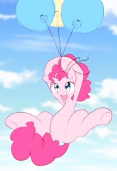 Size: 1334x1954 | Tagged: safe, artist:akainu_pony, pinkie pie, pony, balloon, cloud, cute, diapinkes, female, floating, mare, open mouth, sky, smiling, solo, then watch her balloons lift her up to the sky, underhoof