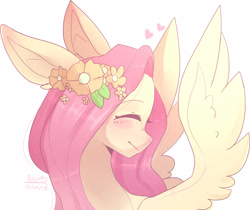 Size: 1919x1615 | Tagged: safe, artist:emily-826, fluttershy, pegasus, pony, blushing, bust, cute, eyes closed, female, floral head wreath, flower, head turn, heart, mare, portrait, simple background, smiling, solo, spread wings, white background, wings