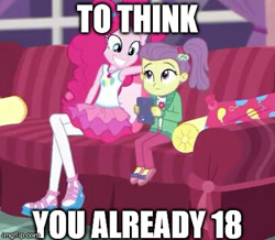 Size: 407x355 | Tagged: safe, edit, edited screencap, screencap, lily pad (equestria girls), pinkie pie, better together, equestria girls, pinkie sitting, caption, creepy, creepy smile, doll, duo, duo female, female, forced meme, meme, smiling, toy, young