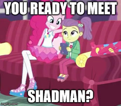 Size: 407x355 | Tagged: safe, edit, edited screencap, screencap, lily pad (equestria girls), pinkie pie, better together, equestria girls, pinkie sitting, caption, clothes, creepy, creepy smile, doll, duo, duo female, female, i need an adult, shadman, skirt, smiling, toy, young