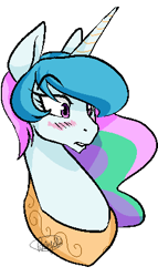 Size: 240x420 | Tagged: safe, artist:dragonfruitdarigan, edit, princess celestia, alicorn, pony, blushing, bust, cropped, ethereal mane, eyebrows visible through hair, female, mare, missing accessory, peytral, pixel art, raised eyebrow, simple background, solo, transparent background