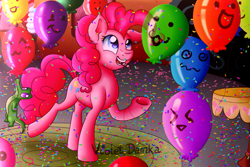 Size: 915x610 | Tagged: safe, artist:gummysky, artist:violetdanka-n-silly, gummy, pinkie pie, earth pony, pony, balloon, confetti, female, mare, party