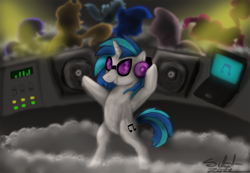 Size: 1280x886 | Tagged: safe, artist:silnat, dj pon-3, vinyl scratch, pony, unicorn, dance party, let's play, music, party hard, pon3con, wild party