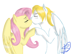 Size: 1400x1024 | Tagged: safe, artist:renniksarts, fluttershy, oc, pegasus, pony, blushing, canon x oc, commission, eyes closed, female, kissing, male, mare, shipping, simple background, stallion, straight, white background