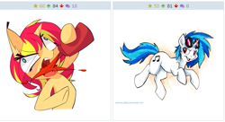 Size: 509x276 | Tagged: safe, dj pon-3, sunset shimmer, vinyl scratch, pony, unicorn, booze, derpibooru, exploitable meme, juxtaposition, juxtaposition win, meme, meta