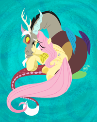 Size: 1000x1250 | Tagged: safe, artist:katseartist, discord, fluttershy, draconequus, pegasus, pony, cuddling, cute, discoshy, discute, eye contact, female, folded wings, hug, looking at each other, male, mare, no pupils, shipping, smiling, straight