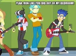 Size: 667x500 | Tagged: safe, edit, edited screencap, screencap, applejack, brawly beats, flash sentry, ringo, twilight sparkle, equestria girls, rainbow rocks, caption, female, guitar, hallway, high school, image macro, locker, male, school, text