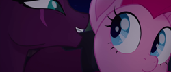 Size: 1920x804 | Tagged: safe, screencap, fizzlepop berrytwist, pinkie pie, tempest shadow, earth pony, pony, unicorn, my little pony: the movie, close-up, confession, duo, eye scar, female, mare, scar, whispering