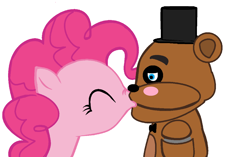 Size: 3148x1976 | Tagged: safe, artist:twilightlsparkle, pinkie pie, earth pony, pony, animatronic, blushing, crossover, crossover shipping, female, five nights at freddy's, freddy fazbear, kissing, male, shipping, simple background, straight, white background