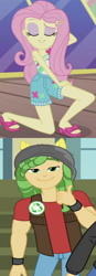 Size: 466x1332 | Tagged: safe, edit, screencap, flash sentry, fluttershy, sandalwood, better together, equestria girls, friendship games, clothes, cropped, female, male, offscreen character, right there in front of me, sandals, sandalshy, shipping, shipping domino, shorts, shoulderless, straight