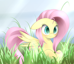 Size: 1024x890 | Tagged: safe, artist:posionjoke, fluttershy, pegasus, pony, cute, female, grass, mare, prone, shyabetes, smiling, solo, stray strand, wings