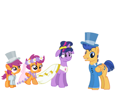 Size: 1024x768 | Tagged: safe, artist:turnaboutart, flash sentry, scootaloo, scooteroll, twilight sparkle, pegasus, pony, unicorn, adopted offspring, alternate universe, alternate universe of an alternate universe, base used, clothes, dress, female, flashlight, floppy ears, flower, flower filly, flower girl, flower girl dress, hat, male, marriage, rule 63, shipping, straight, suit, top hat, tuxedo, wedding, wedding dress