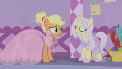 Size: 1366x768 | Tagged: safe, screencap, applejack, lily lace, rarity, earth pony, pony, unicorn, honest apple, alternate hairstyle, clothes, cropped, cute, dress, see-through